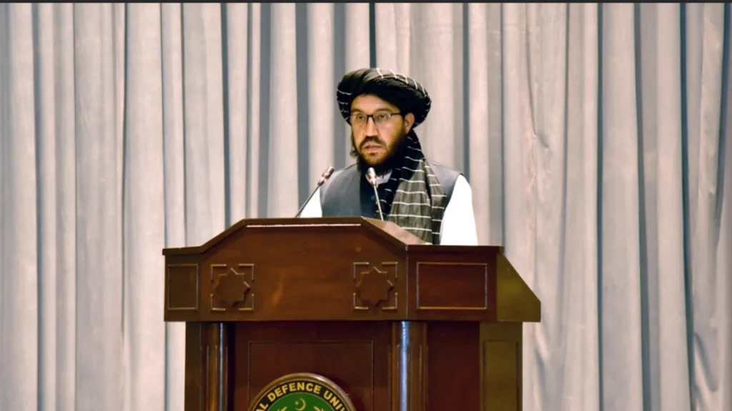 Taliban ambassador Sardar Shakib Ahmed speaking at National Defence University in Islamabad